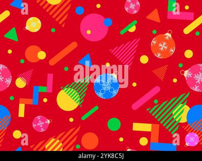 Geometric seamless pattern with Christmas balls. Christmas decorations and geometric shapes in 80's memphis style. Design of wallpapers, wrappers, cov Stock Vector