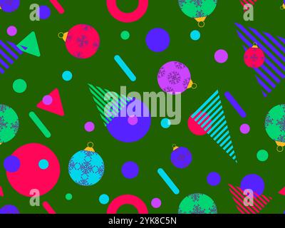 Geometric seamless pattern with Christmas balls. Christmas decorations and geometric shapes in 80's memphis style. Design of wallpapers, wrappers, cov Stock Vector