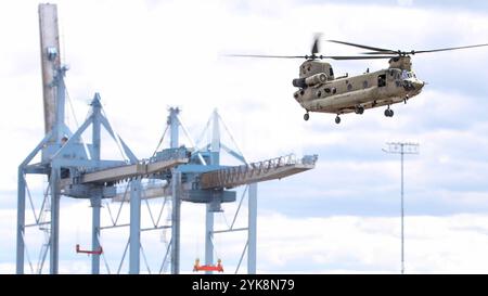 A CH-47 Chinook, assigned to the 3-10 General Support Aviation Battalion, 10th Combat Aviation Brigade, arrives at the Port of Philadelphia in Philadelphia, PA on Apr. 06, 2024. This movement of military equipment is in support of the unit’s mission to deploy to the U.S. Central Command area of responsibility as a regularly scheduled rotation of forces. (U.S. Army photo by Sgt. Jamie Robinson) Stock Photo