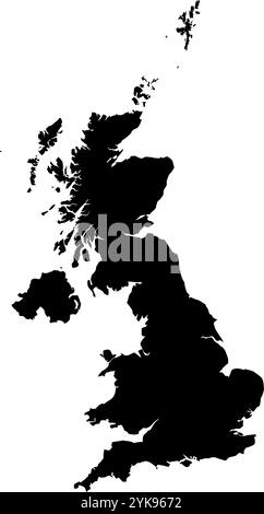 A contour map of United Kingdom. Vector graphic illustration on a transparent background with black country's borders Stock Vector