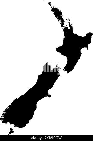 A contour map of New Zealand. Vector graphic illustration on a transparent background with black country's borders Stock Vector