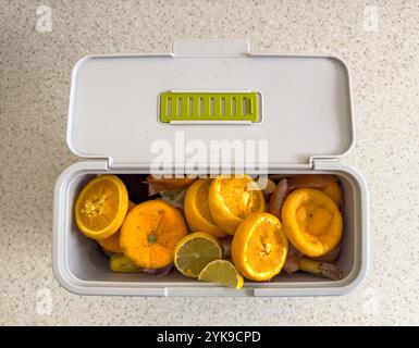 A container with the lid open full of household organic food scraps including fruit and vegetables ready to be composted or disposed of responsibly Stock Photo