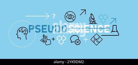 pseudoscience pseudo science icon simple set graphic header poster illustration symbol concept of false fake information misinformation blue Stock Vector