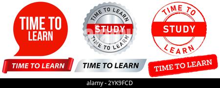 Time to learn study learning studying student homework task education stamp red silver badges emblem sticker label banner ribbon design icon set Stock Vector