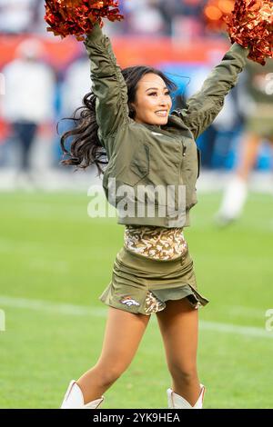 Denver Broncos cheerleader performs in the second half of an NFL