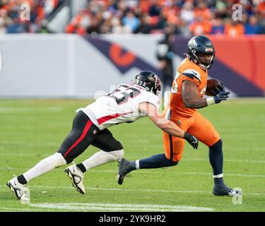 November 17, 2024: Atlanta Falcons linebacker Nate Landman (53) tackles Denver Broncos running back Audric Estime (23) in the second half of the football game between the Denver Broncos and Atlanta Falcons. Derek Regensburger/CSM. Stock Photo