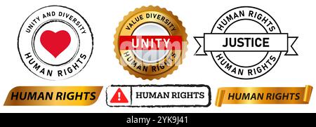 Human rights equality diversity unity justice social issues peace no violation discrimination democracy stamp colorful badge emblem sticker label Stock Vector