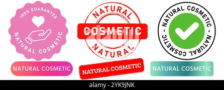 Natural cosmetic makeup product packaging information ingredient safe guarantee safety nature composition stamp colorful badges emblem sticker label Stock Vector
