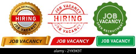 Job vacancy hire searching open recruitment hiring work employee career opportunity stamp colorful badges emblem sticker label banner ribbon medallion Stock Vector