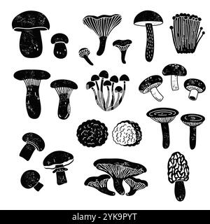 Set of edible mushrooms in black and white woodcut style. Hand-drawn vector illustrations. Stock Vector