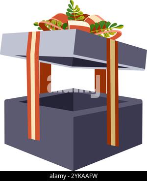 Gift box with lid, ribbon, decorative branches, and bow vector illustration Stock Vector