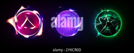 Magic fortunetelling balls set isolated on transparent background. Vector realistic illustration of fantasy witch crystals burning in fire, glowing with purple light, green electricity discharge Stock Vector