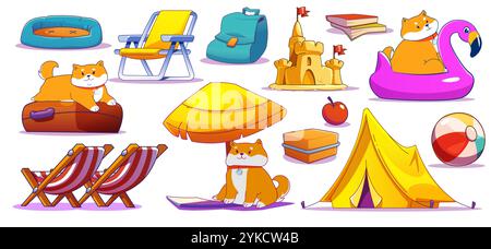Cute dog and beach accessories set isolated on white background. Contemporary vector cartoon illustration of shiba inu puppy enjoying summer rest, chaise lounge, tent, inflatable toys, sand castle Stock Vector