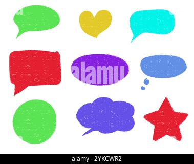 Colorful crayon textured shapes collection with speech bubbles and geometric forms, star and heart symbol. Grunge border with hand drawn look for message frames, text box and social media design. Stock Vector