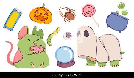 Cute kids Halloween set with green zombie mouse eating brains and ghost sheet covered dinosaur costume, carved pumpkin and crystal ball, pink lollipop, spooky spider and cauldron with bubbles. Stock Vector