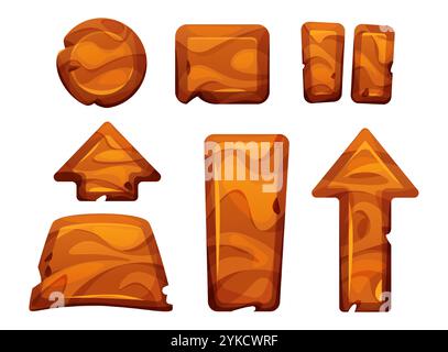Wooden buttons and arrows for game interface set isolated on white background. Vector cartoon illustration of play, stop, pause signs, square, round, rectangular wood board, gaming app design elements Stock Vector