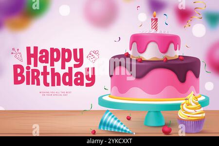 Birthday cake vector template design. Happy birthday greeting text with strawberry and cherry cake party decoration elements. Vector illustration Stock Vector
