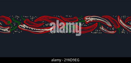 Red chili pepper border. Vector seamless pattern. Hot spicy. Vegetable engraved illustration on black background. Farm food, aroma paprika Stock Vector