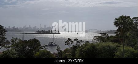 Sydney Harbour panorama a picnic at Vaucluse, the Bridge Opera House & CBD skyline in mist, park & trees in the foreground, spring Sydney, Australia Stock Photo