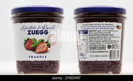 Rome, Italy - November 17, 2024: Zuegg strawberry jam, an unmissable flavor captured in a jar. Stock Photo