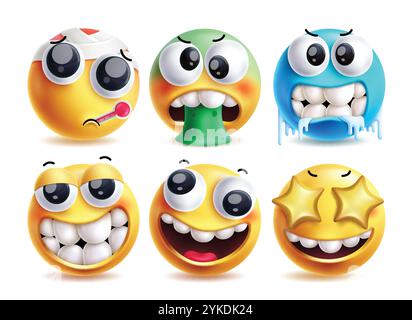 Freezing emoji vector characters set. Emojis in sick, vomit, cold, funny, cute smiling and star eyes clip art facial expressions yellow icon graphic Stock Vector