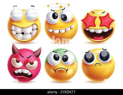 Star eyes emoji vector characters set. Clip art emojis in funny, dizzy hurt, red star eyes, evil, sick and mood off facial expressions icon elements Stock Vector