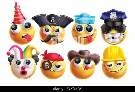 Emoji career characters vector set. Emojis profession character like pirate, seafarer, police, clown, bandit, cowboy and engineer wearing hat costume Stock Vector