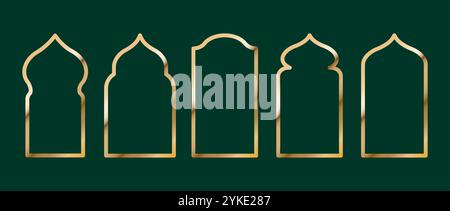 Set of Shape Islamic Windows. Golden Muslim frames isolated on dark background. Collection of arches in oriental style. Flat Vector illustration Stock Vector