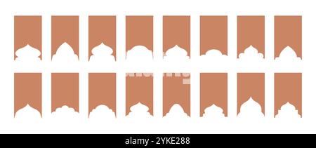 Islamic frames. Set of beige Arabian borders on white background. Collection of arches in oriental style. Muslim holiday elements. Vintage Vector Stock Vector