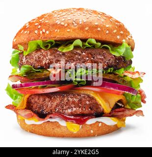 Tasty double patty cheeseburger isolated on white background.  File contains clipping path. Stock Photo