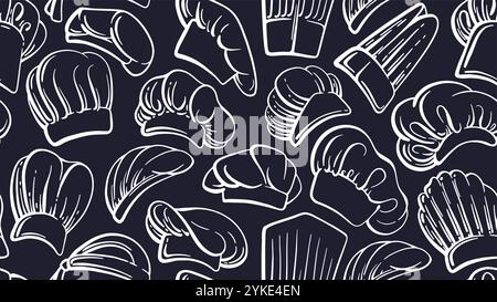 Chef hats background. Vector white cook caps seamless pattern. Graphic doodle sketch. Restaurant cafe uniform of kitchen staff Stock Vector