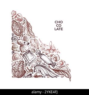 Chocolate sketch background. Cocoa and different sweets with nuts and caramel set. Vector hand drawn illustration on white background Stock Vector