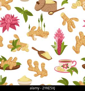 Ginger root seamless pattern. Repeated healthy spicy product, leaves, flowers and roots, immunity boosting plant. Decor textile, wrapping, wallpaper d Stock Vector