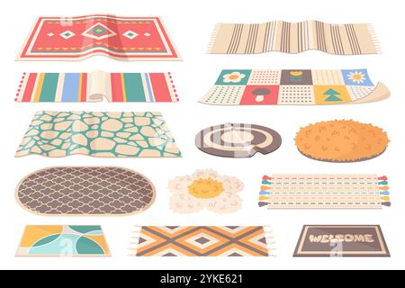 Color textile mats. Wool interior textile, cozy home fabric elements, fluffy patterned doormat, funny carpets different shapes, ethnic and contemporar Stock Vector