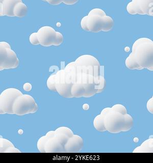 Cartoon cumulus 3d clouds seamless pattern. Fluffy bubble shapes, repeated white weather phenomenon, blue sky objects. Textile, wrapping, wallpaper Stock Vector