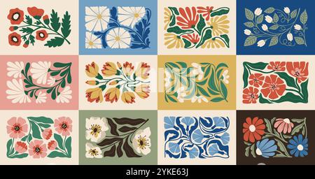 Abstract flowers. Organic doodle shapes, trendy matisse art style, floral contemporary elements, botanical decorations, horizontal background, banner Stock Vector