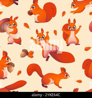 Cute squirrels seamless pattern. Cartoon funny animals characters, forest red rodents with acorns, mushrooms and nuts. Decor textile, wrapping Stock Vector