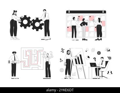Businesspeople multiracial teams black and white 2D concepts set Stock Vector