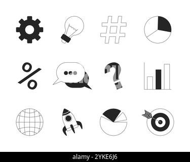 Business management app ui design black and white 2D line objects set Stock Vector
