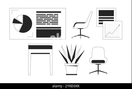 Modern business company office supplies black and white 2D line objects set Stock Vector