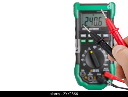 Digital Multimeter with Probes in Hand Stock Photo