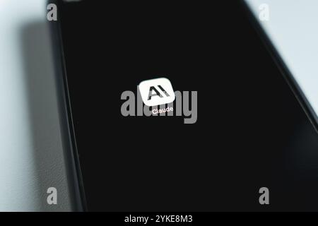 Claude AI app chatbot displayed on smartphone. Large language model developed by Anthropic. Close up view Stock Photo