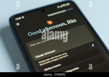 Claude AI app chatbot displayed on smartphone. Large language model developed by Anthropic. Close up view Stock Photo