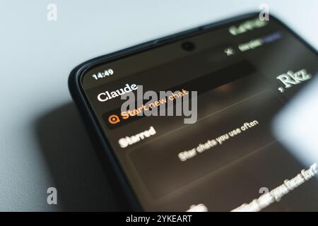 Claude AI app chatbot displayed on smartphone. Large language model developed by Anthropic. Close up view Stock Photo