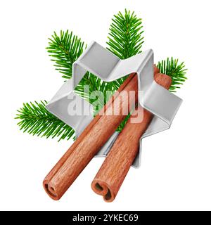 Cinnamon sticks and baking cookie form isolated on white background Stock Photo