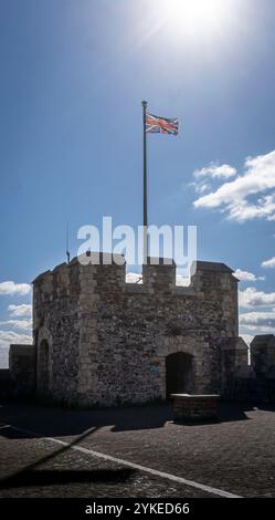 Union Jack flag flying from the Keep at Dover Castle, Dover, Kent, UK Stock Photo