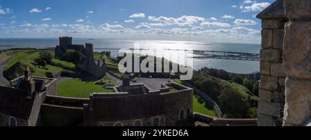 Panoramic view of the English Channel and buildings in the grounds of Dover Castle, Dover, Kent, UK Stock Photo