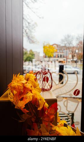 Coffee shop fall decoration in quaint New England town Stock Photo