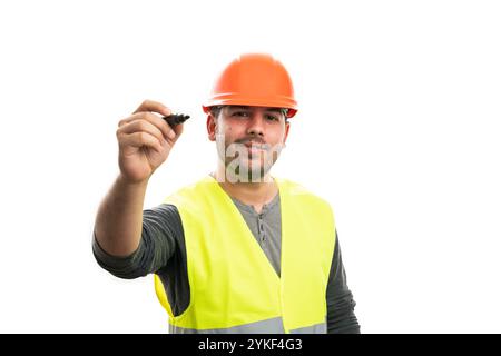 Smiling constructor holding marker on copyspace Stock Photo