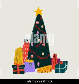 Hand drawn Christmas tree with colorful presents and decorations on a beige background. Stock Photo